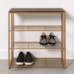 4 Tier Shoe Rack Brass with Walnut Wood - Brightroom™